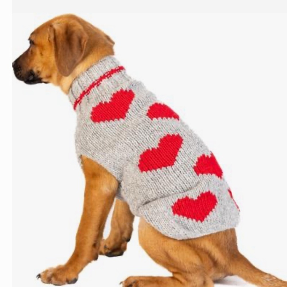 Chilly Dog Red Hearts Gray and Red Heart Patterned Wool Knit Dog Sweater size S - Picture 6 of 7